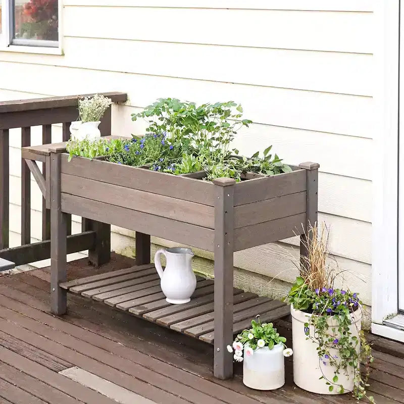 Jardinière surélevée en bois avec grande étagère de rangement