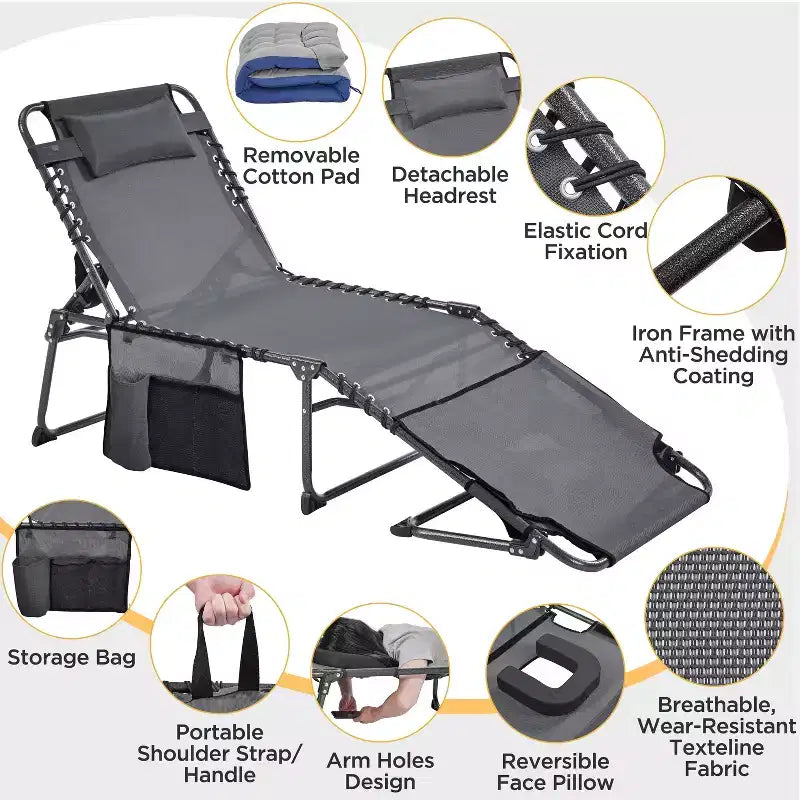 Chaise pliante avec coussin rembourré amovible et 5 positions réglables