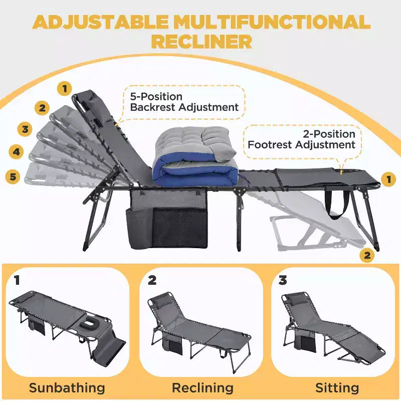Chaise pliante avec coussin rembourré amovible et 5 positions réglables
