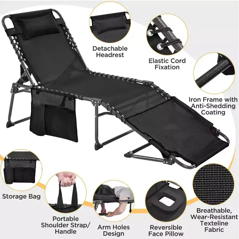 Chaise pliante avec coussin rembourré amovible et 5 positions réglables