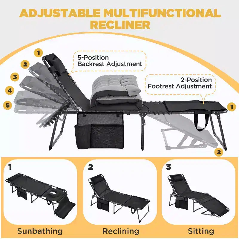 Chaise pliante avec coussin rembourré amovible et 5 positions réglables
