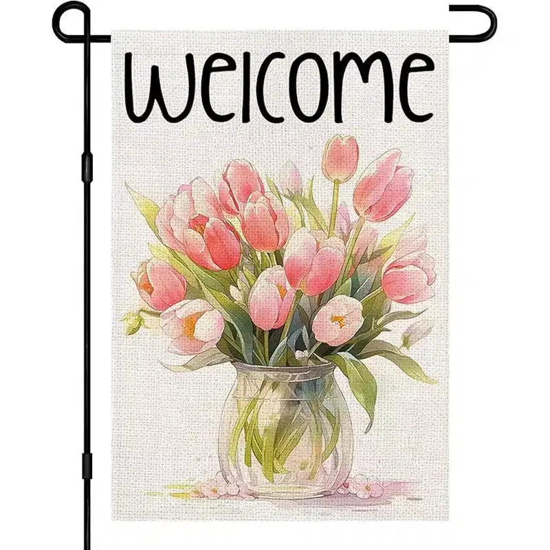 Lomsoe Spring Welcome Garden Flag Pink Floral Seasonal Sign Welcome Yard Flag Spring Farmhouse Holiday Outdoor Decor Single Side 12x18Inch
