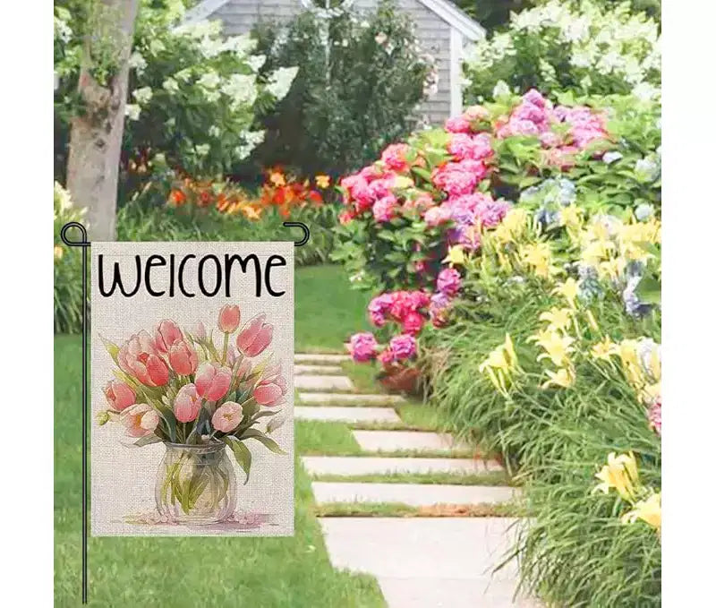 Drapeau de jardin de printemps - Fleurs roses de saison - Bienvenue