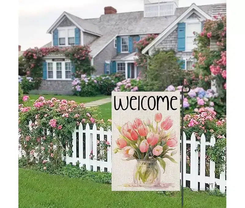 Drapeau de jardin de printemps - Fleurs roses de saison - Bienvenue