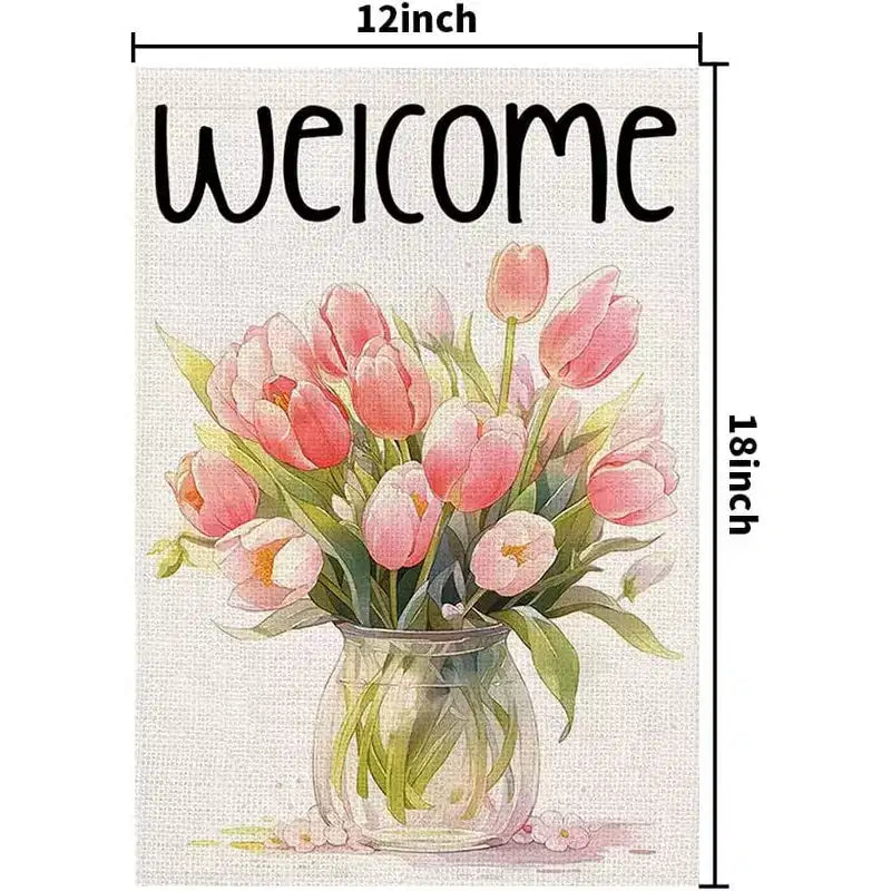 Drapeau de jardin de printemps - Fleurs roses de saison - Bienvenue