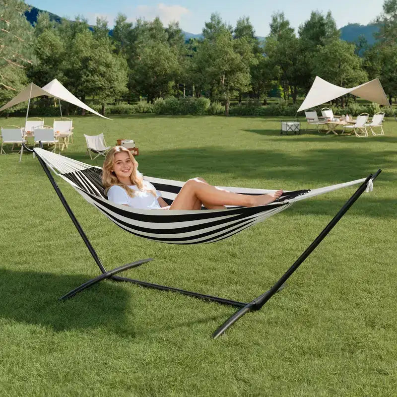 Hamac double 2 personnes avec support, hamac portable intérieur/extérieur