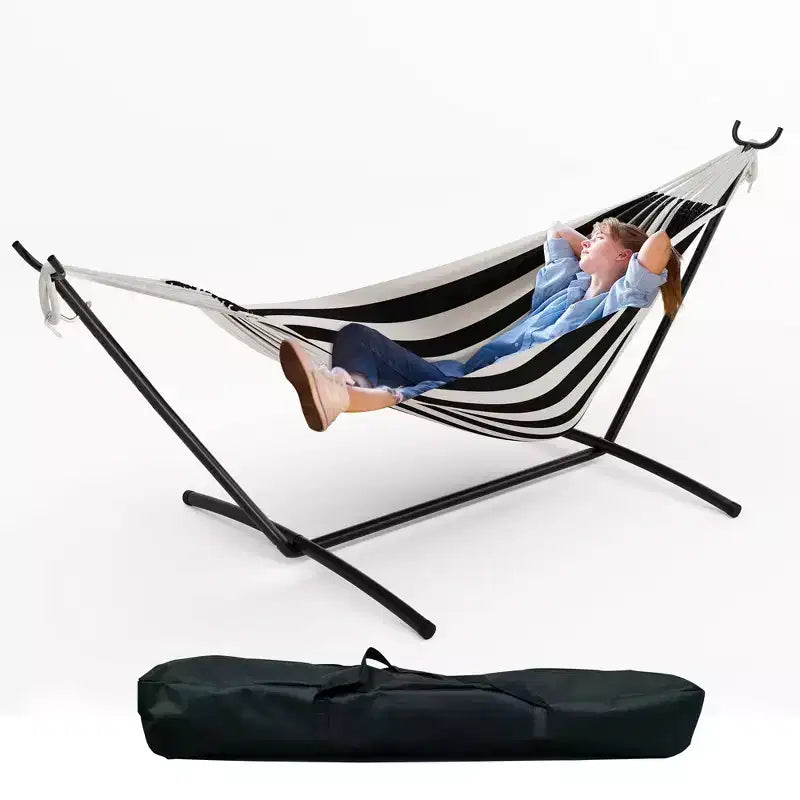 Double Hammock for 2 with Stand, Portable Indoor/Outdoor Hammock Set - 450lb Capacity, Adjustable & Foldable Steel Frame