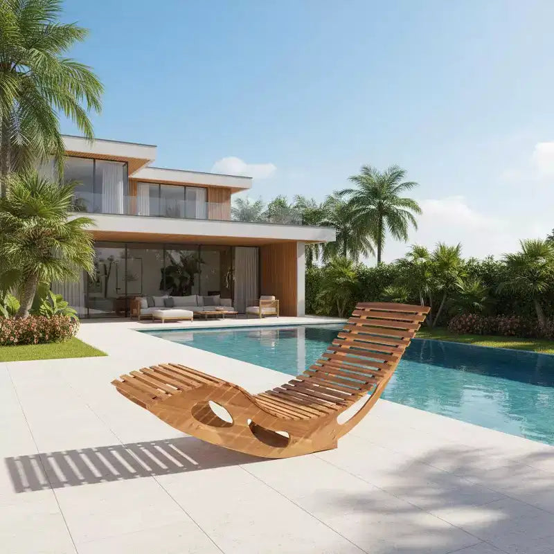 Chaise longue d'extérieur à dossier haut avec assise à lattes et cadre à bascule en bois