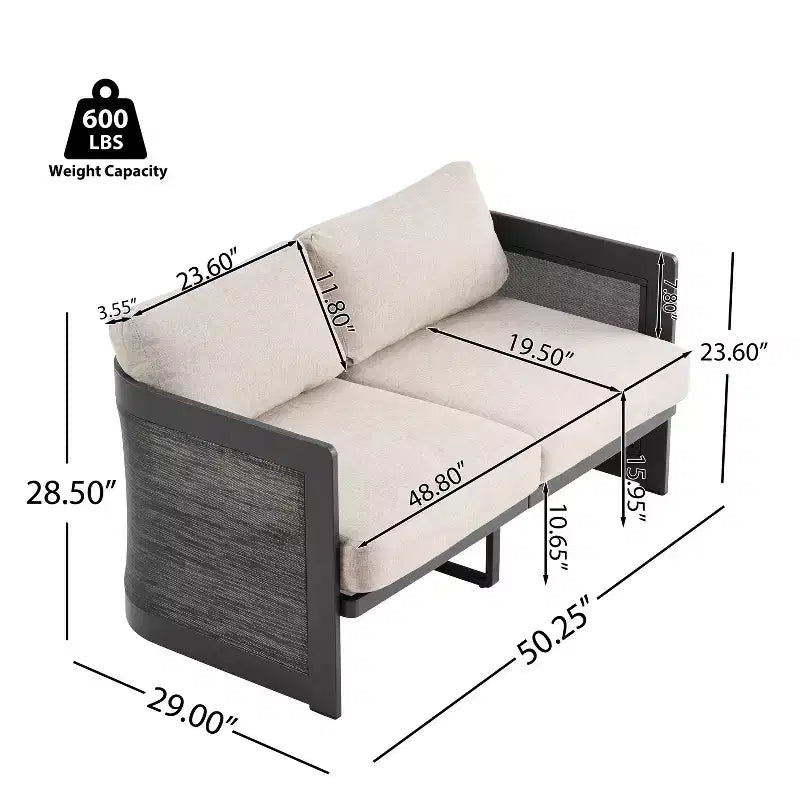 Causeuse rembourrée en oléfine d'aluminium, style patio moderne, 50 po.