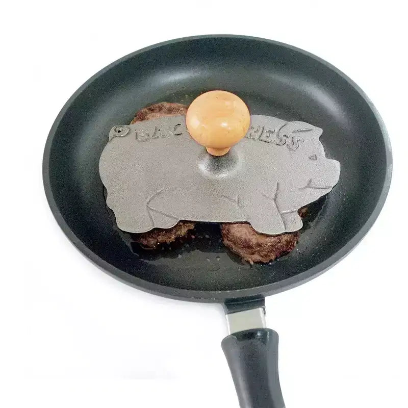 Presse à bacon et à grillades en fonte en forme de cochon avec poignée en bois