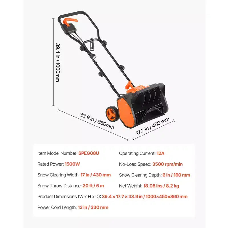 Pelle à neige électrique, pelle à neige filaire 12 A de 43 cm, goulotte réglable à 60°