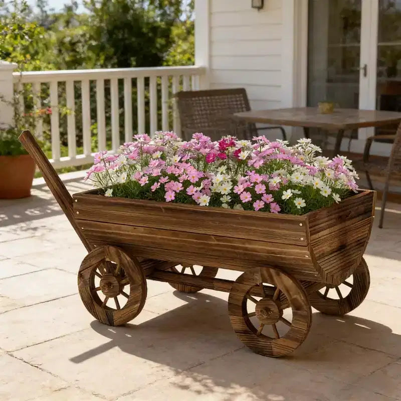 Jardinière brouette en bois Chariot de jardin mobile Bac de culture décoratif