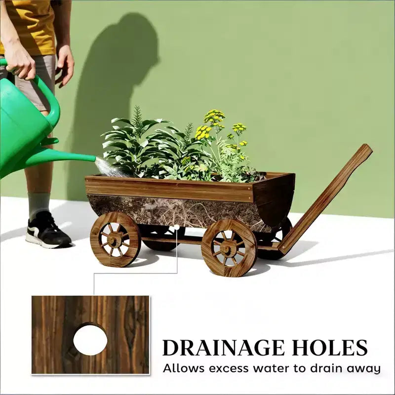 Jardinière brouette en bois Chariot de jardin mobile Bac de culture décoratif