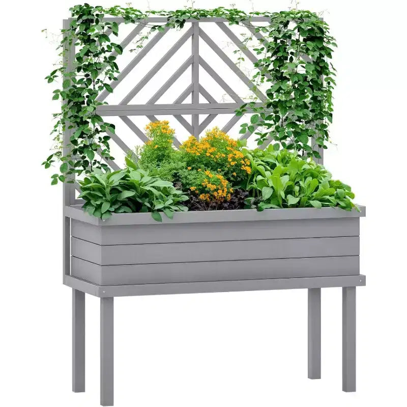 NAYSAYE Raised Garden Bed with Trellis - Elevated Planter Box with Legs for Climbing Plants Vegetables with Drainage Holes Filter Outdoor Patio, Gray