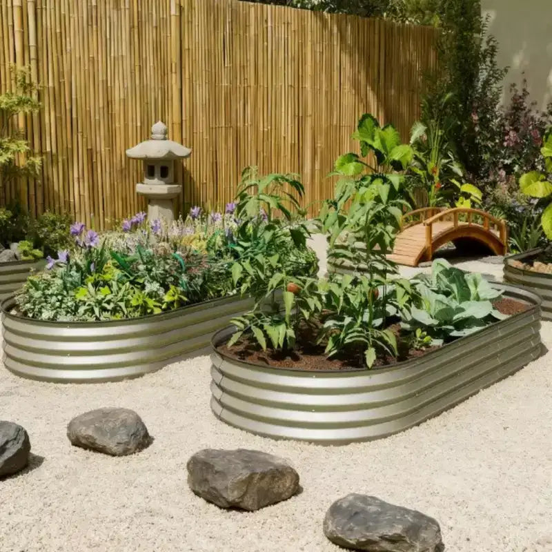NAYSAYE Raised Garden Bed Set 2 Piece Metal Garden Boxes with Plant Stakes and Open Bottom Design for Garden Patio, Silver, 22.66*14.78*5.52