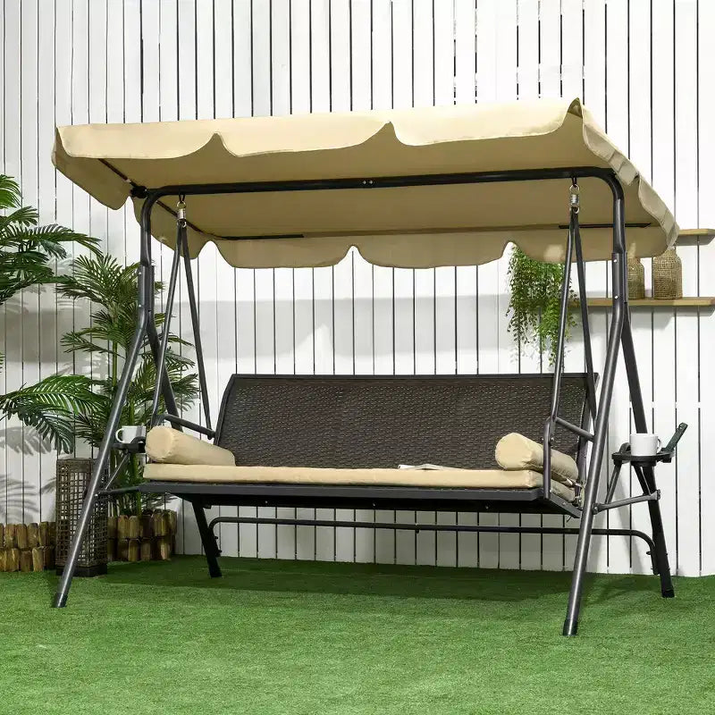 Whisen Patio 3-Seater Swing Chair, 3-Person Swing Glider with Removable Cushion, Pillows, Adjustable Shade, and Rattan Seat - Multicolor