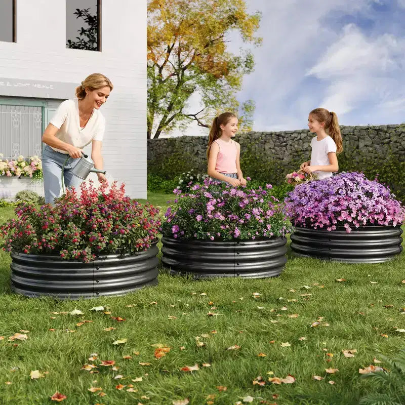 Carré potager rond en métal, jardinière en acier galvanisé avec bord en caoutchouc