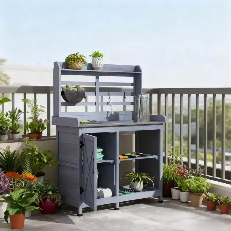 Table de rempotage en bois pour patio, table de travail de jardin extérieur avec armoire de rangement