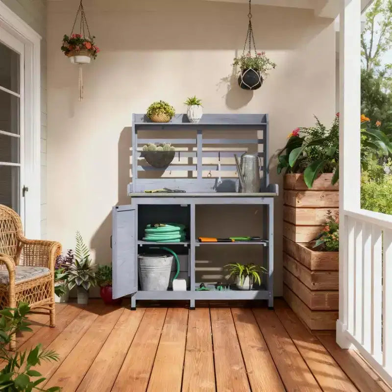 Table de rempotage en bois pour patio, table de travail de jardin extérieur avec armoire de rangement