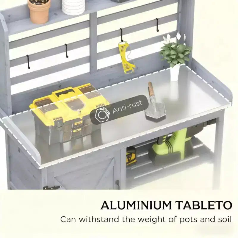 Table de rempotage en bois pour patio, table de travail de jardin extérieur avec armoire de rangement