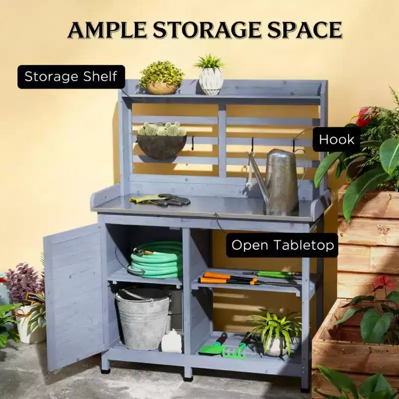 Table de rempotage en bois pour patio, table de travail de jardin extérieur avec armoire de rangement