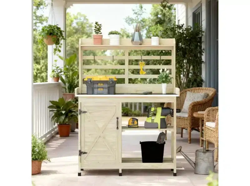 Table de rempotage en bois pour patio, table de travail de jardin extérieur avec armoire de rangement