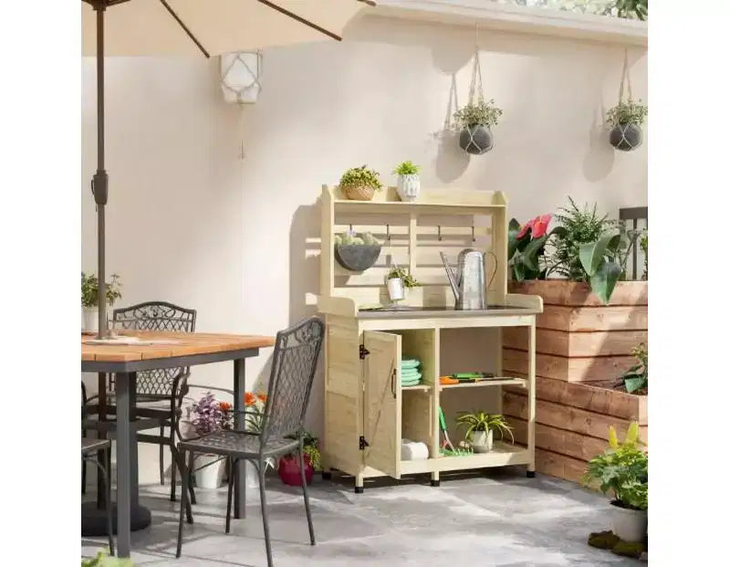 Table de rempotage en bois pour patio, table de travail de jardin extérieur avec armoire de rangement