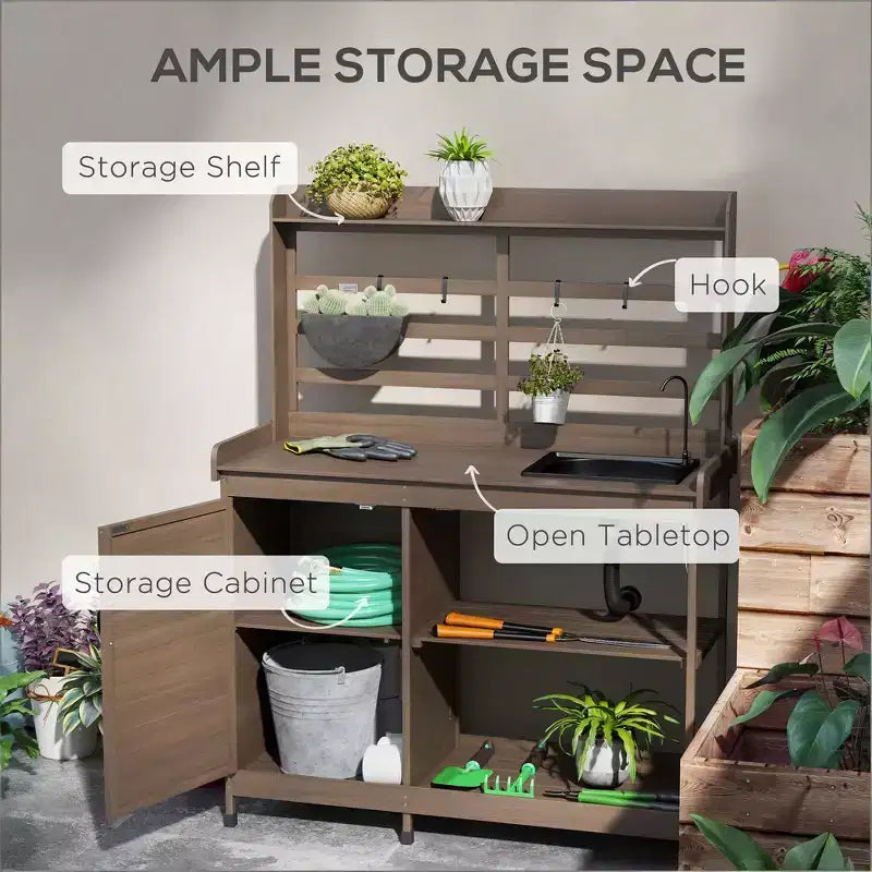 Table de rempotage en bois pour patio, table de travail de jardin extérieur avec armoire de rangement
