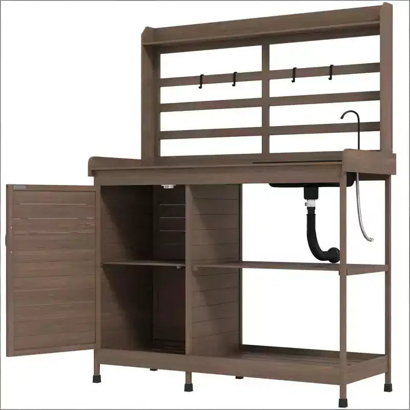Table de rempotage en bois pour patio, table de travail de jardin extérieur avec armoire de rangement