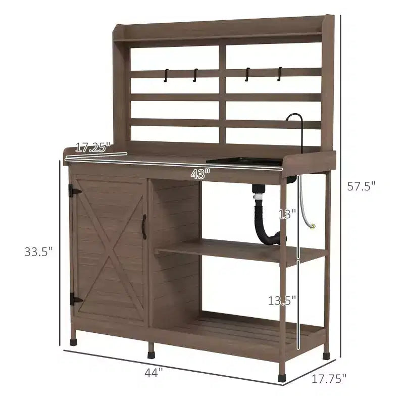 Table de rempotage en bois pour patio, table de travail de jardin extérieur avec armoire de rangement