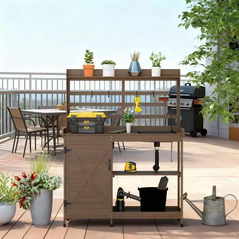 Whisen Patio Wooden Potting Bench, Outdoor Garden Work Station Table with Storage Cabinet, Open Shelf and Removable Sink