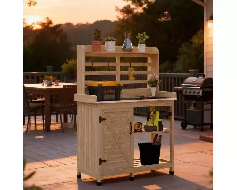Table de rempotage en bois pour patio, table de travail de jardin extérieur avec armoire de rangement