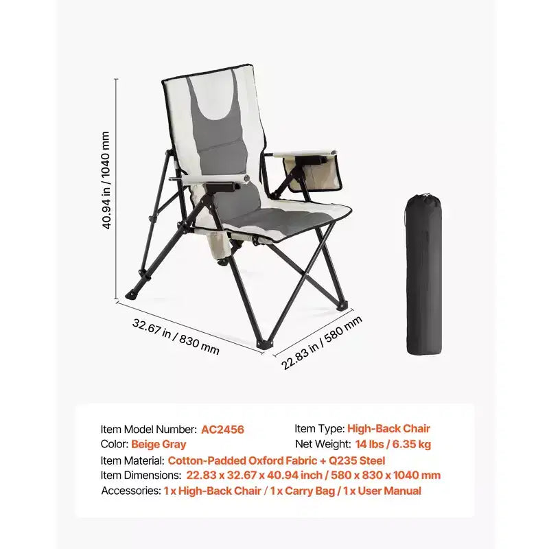 Chaise de camping pliante, 3 positions d'inclinaison, chaise de camping d'extérieur à dossier haut