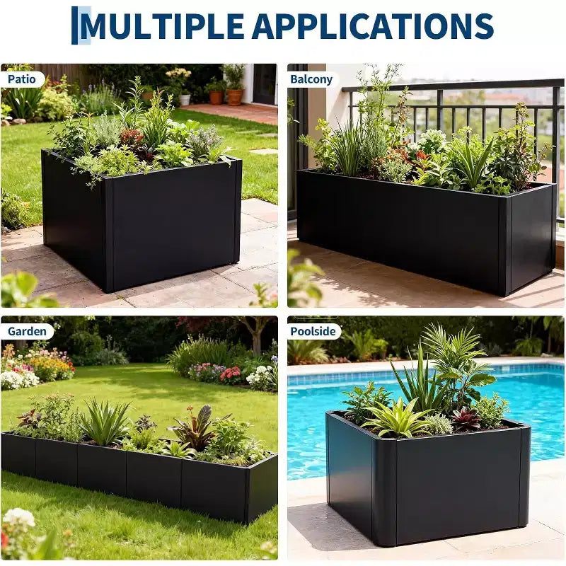 Jardinière métallique avec trous de drainage et coins arrondis, en acier robuste