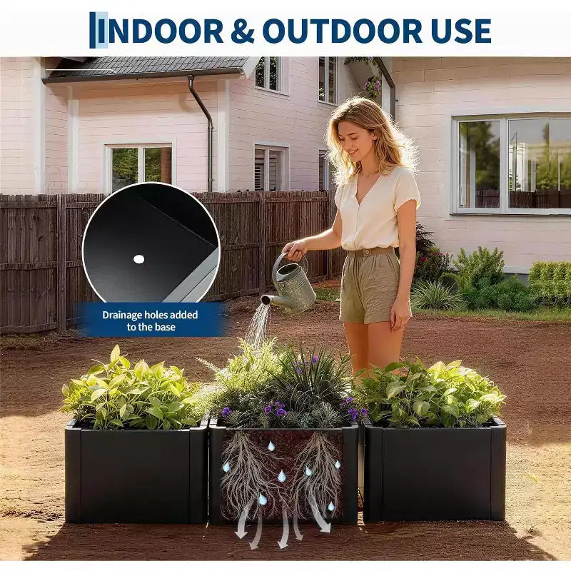 Jardinière métallique avec trous de drainage et coins arrondis, en acier robuste