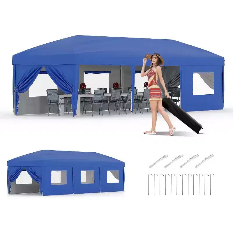 DobleePy 10x30FT Multi-Use Outdoor Pop Up Canopy, 210D Material with Sidewalls, Complete Kit with Portable Bag for Backyard Parties and Events