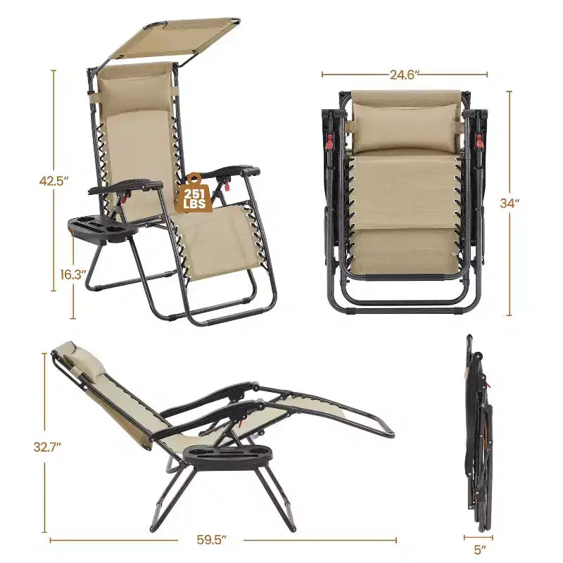 Chaise longue de jardin inclinable zéro gravité avec porte-gobelet et oreiller