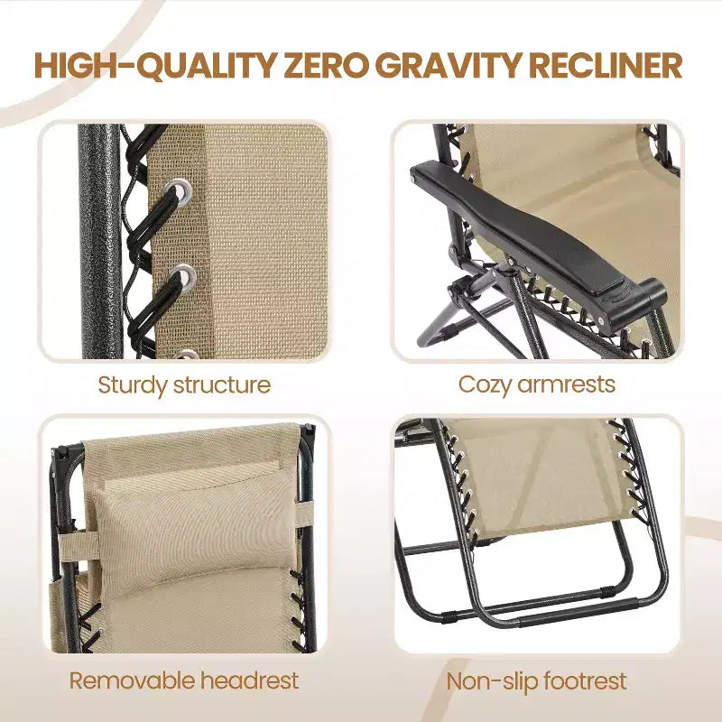 Chaise longue de jardin inclinable zéro gravité avec porte-gobelet et oreiller
