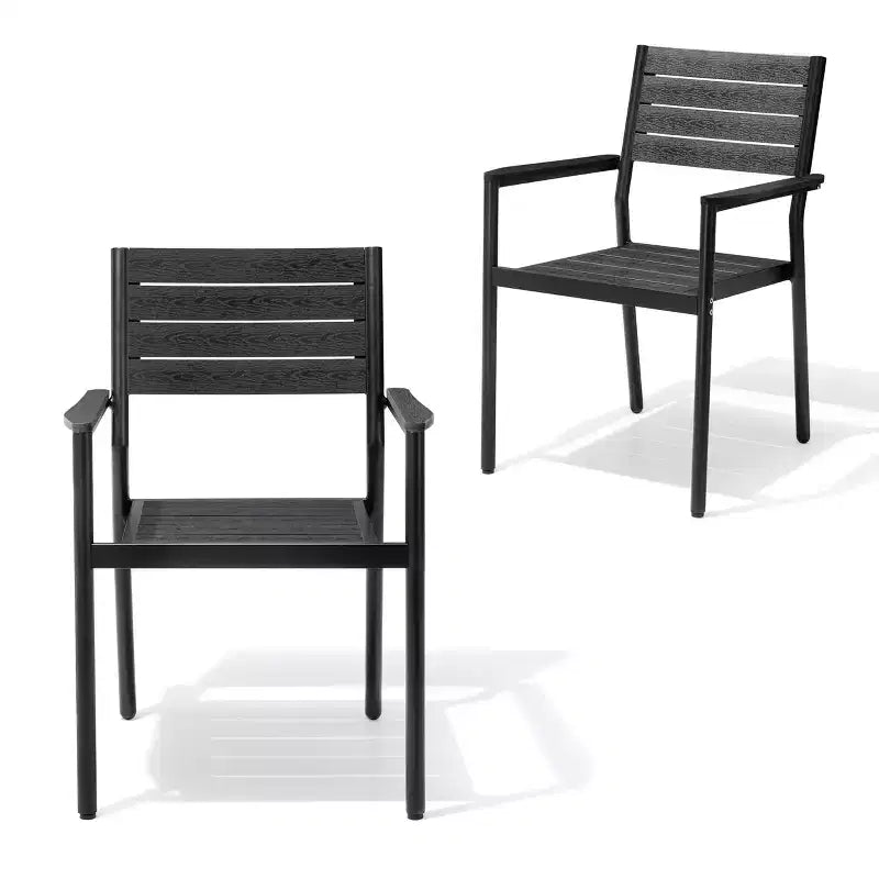 Chaise de salle à manger empilable d'extérieur avec accoudoirs, cadre en aluminium, grain de bois