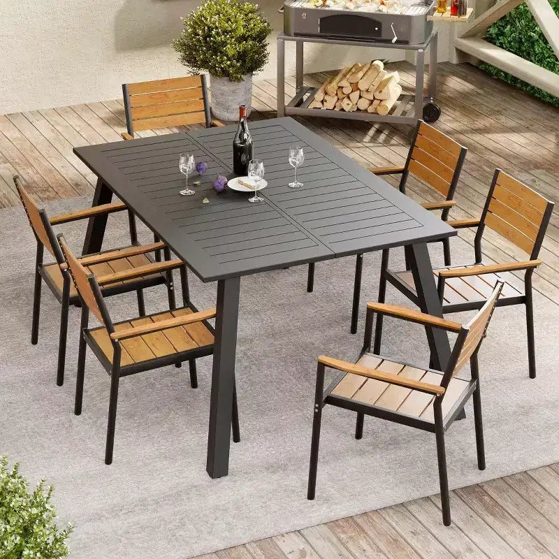 Chaise de salle à manger empilable d'extérieur avec accoudoirs, cadre en aluminium, grain de bois