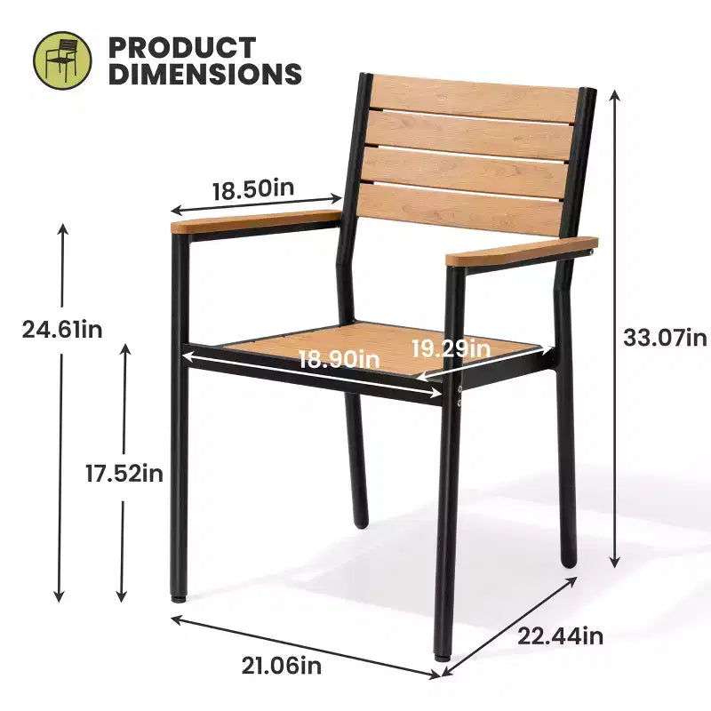 Chaise de salle à manger empilable d'extérieur avec accoudoirs, cadre en aluminium, grain de bois