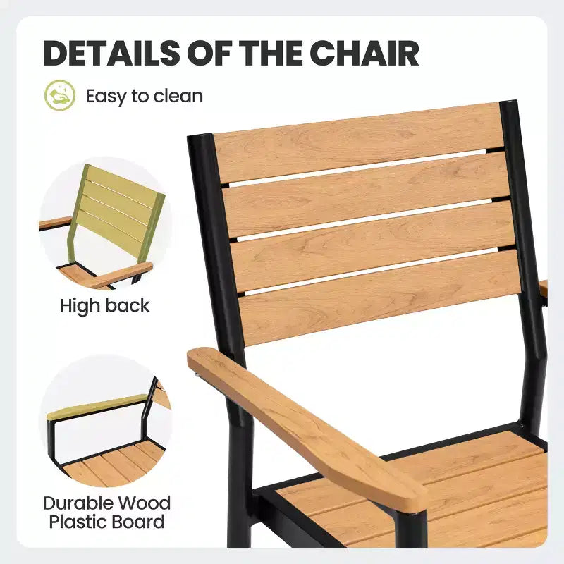 Chaise de salle à manger empilable d'extérieur avec accoudoirs, cadre en aluminium, grain de bois