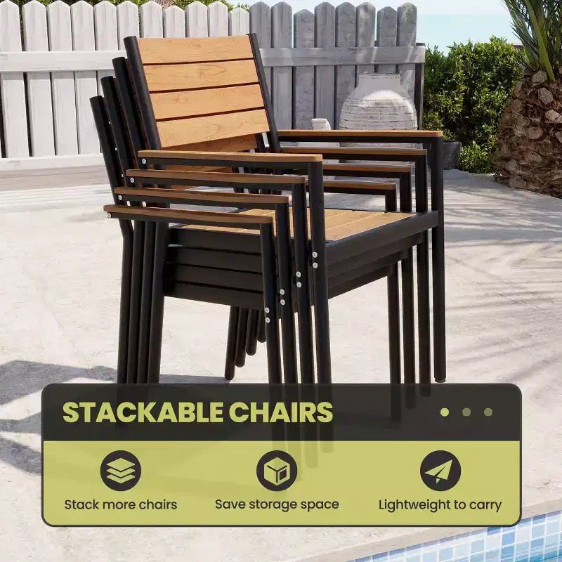 Chaise de salle à manger empilable d'extérieur avec accoudoirs, cadre en aluminium, grain de bois