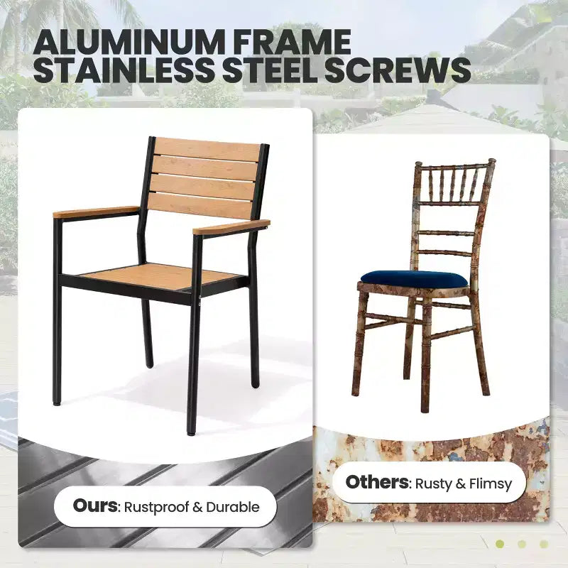 Chaise de salle à manger empilable d'extérieur avec accoudoirs, cadre en aluminium, grain de bois