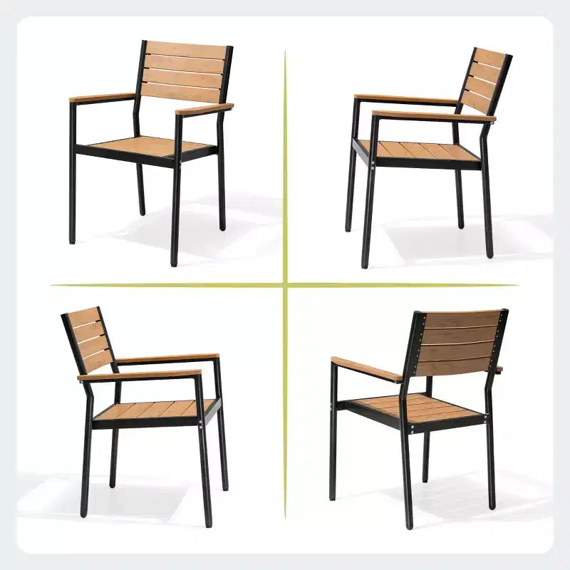 Chaise de salle à manger empilable d'extérieur avec accoudoirs, cadre en aluminium, grain de bois