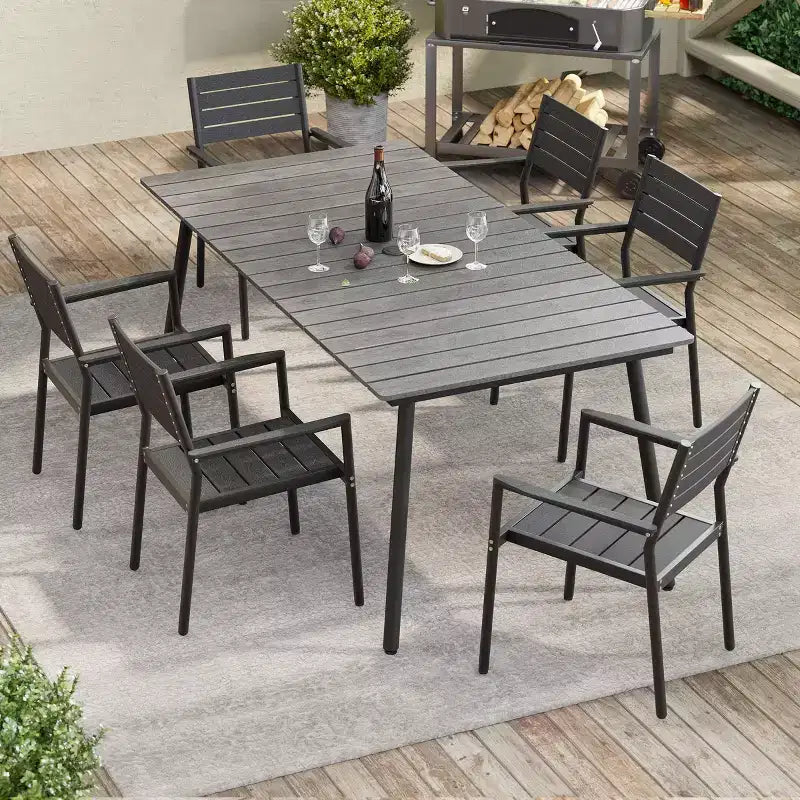 Chaise de salle à manger empilable d'extérieur avec accoudoirs, cadre en aluminium, grain de bois