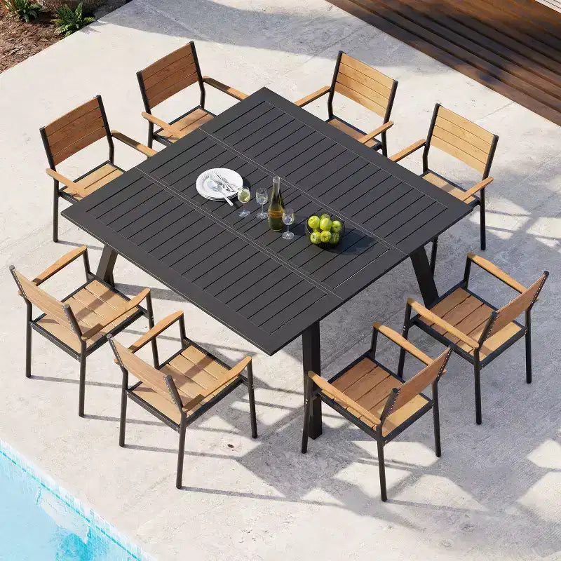 Chaise de salle à manger empilable d'extérieur avec accoudoirs, cadre en aluminium, grain de bois