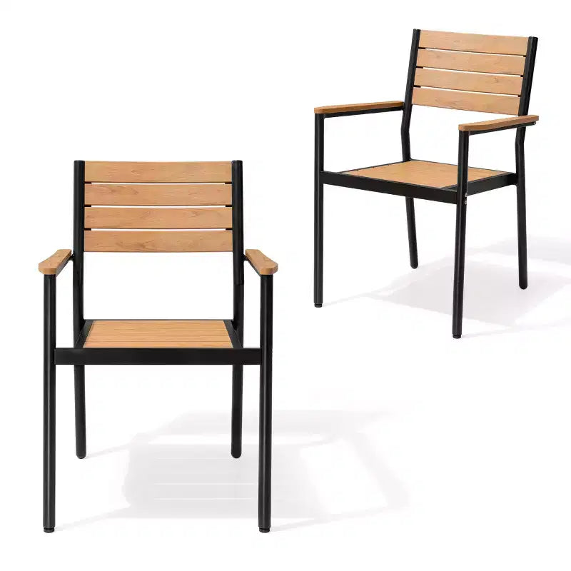 Chaise de salle à manger empilable d'extérieur avec accoudoirs, cadre en aluminium, grain de bois