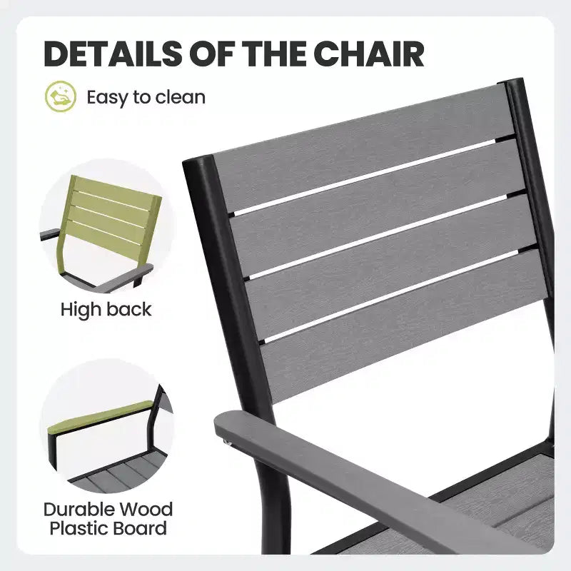 Chaise de salle à manger empilable d'extérieur avec accoudoirs, cadre en aluminium, grain de bois