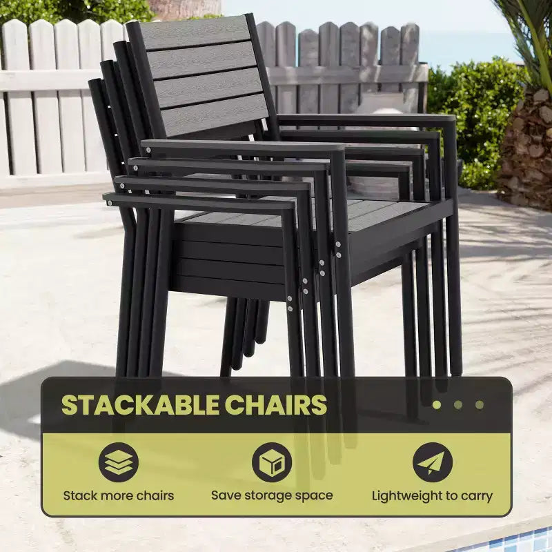 Chaise de salle à manger empilable d'extérieur avec accoudoirs, cadre en aluminium, grain de bois